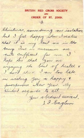 EAG 022. Letter from Eagleson to Goldsbrough 28 December 1918. Italy. Demobilisation, flu, Christmas. Page three of three. 