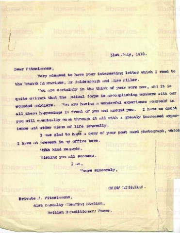 FIT 012. Letter from Elliott to Fitzsimons 31 July 1916. Read letter to staff, experiences. Page one of one. 