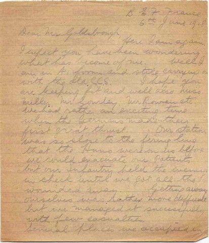FIT 025. Letter from Fitzsimons to Goldsbrough 6 June 1918. France. Close to the firing line, Brown. Page one of two. 