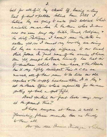 COU 041. Letter from Coulson to Goldsbrough 29 June 1917. France. Trenches, Scilley, Americans and other nationalities. Page three of four. 