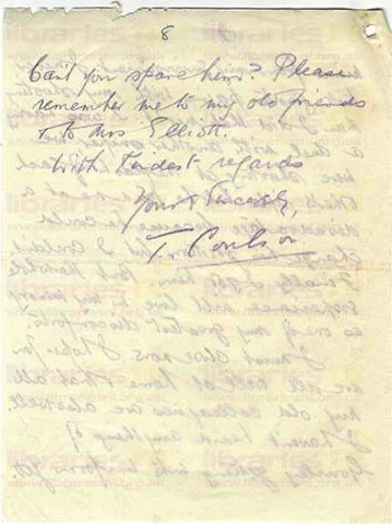 COU 031. Letter from Coulson to Elliott 27 February 1916. France. Gas advisor, snow, newspaper reporting, McCausland, officers and their men, trenches. Page eight of eight. 