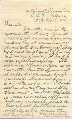 FIT 009. Letter from Fitzsimons to Elliott 3 April 1916. France. Wages. Page one of one.