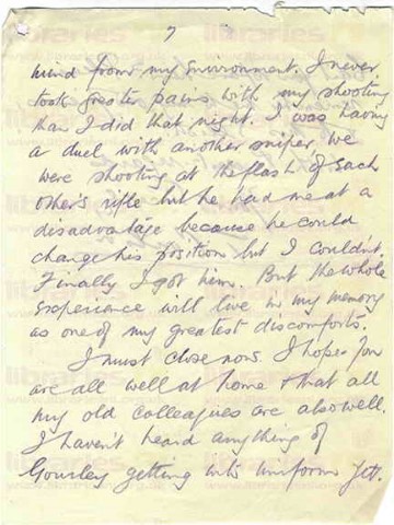 COU 031. Letter from Coulson to Elliott 27 February 1916. France. Gas advisor, snow, newspaper reporting, McCausland, officers and their men, trenches. Page seven of eight. 