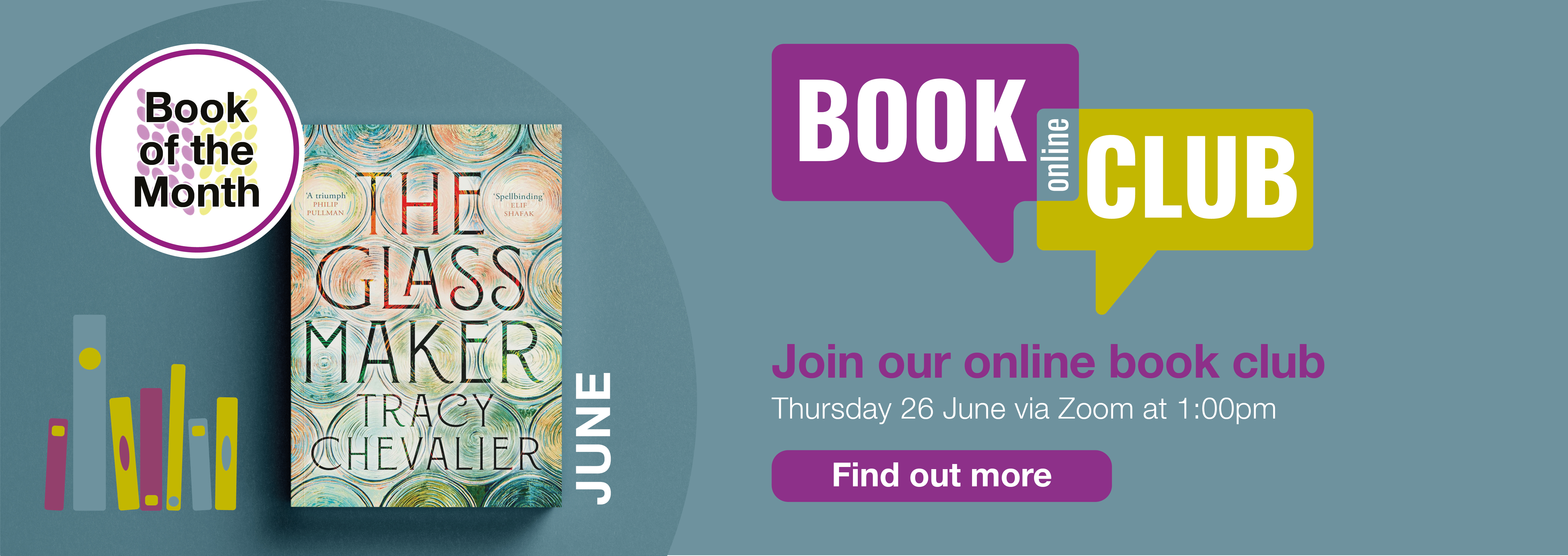 Home page banner 4 - Libraries NI Online Book Club meeting on Thursday 26th June 2025; featured title is The Glass Maker by Tracy Chevalier