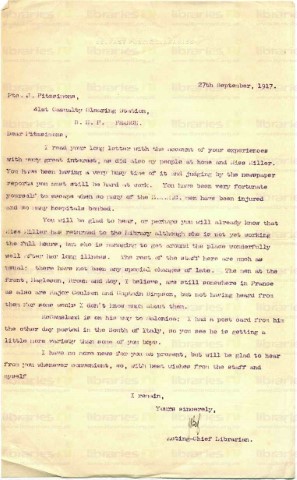 FIT 021. Letter from Goldsbrough to Fitzsimons 27 September 1917. Hospitals bombed, Miss Miller, other staff at war. Page one of one. 