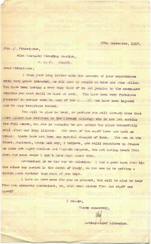 FIT 021. Letter from Goldsbrough to Fitzsimons 27 September 1917. Hospitals bombed, Miss Miller, other staff at war. Page one of one. 