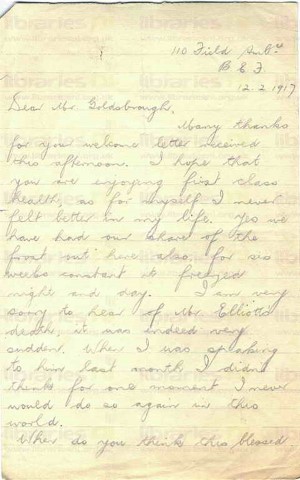 EAG 007. Letter from Eagleson to Goldsbrough 12 February 1917. France. Weather, Elliott's death, Coulson, the French. Page one of two. 