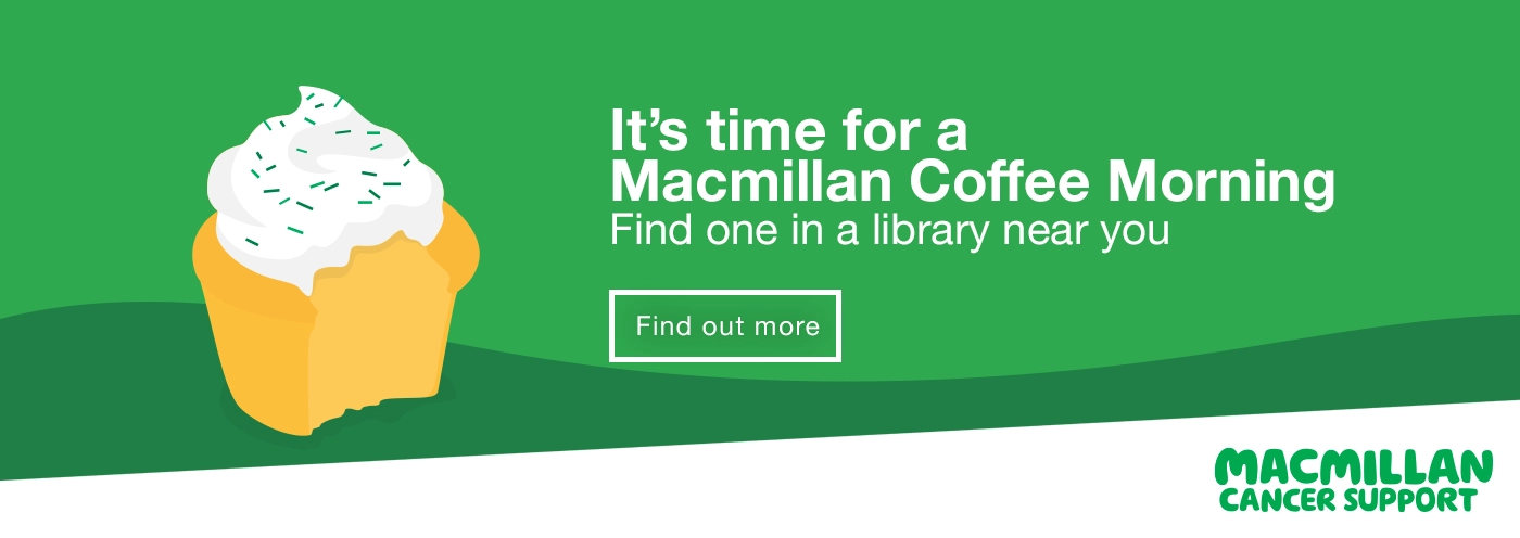 Home page banner highlighting the Macmillan Coffee Morning. Find one in a library near you