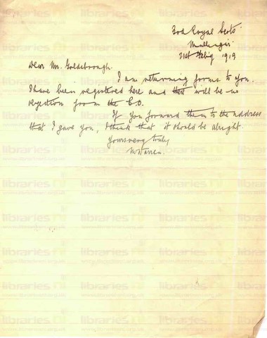 WAR 011. Letter from Warren to Goldsbrough 21 February 1919. Forms. Page one of one. 