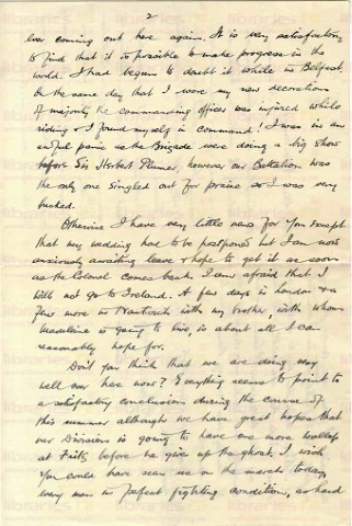 COU 039. Letter from Coulson to Goldsbrough 30 April 1917. France. Major, marching, Sir Hubert Plumer, wedding, division. Page two of three.