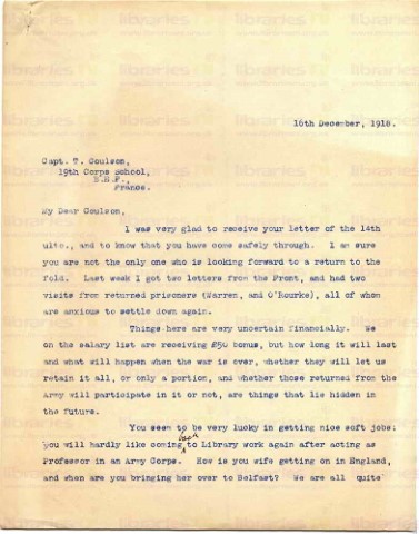 COU 048. Letter from Goldsbrough to Coulson 16 December 1918. Visits from staff returned from war, £50 bonus, flu. Page one of two.