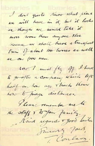 COU 012. Letter from Coulson to Elliott 30 April 1915. Lurgan. Working outdoors, review. Page three of three. 