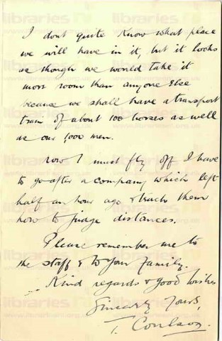 COU 012. Letter from Coulson to Elliott 30 April 1915. Lurgan. Working outdoors, review. Page three of three. 