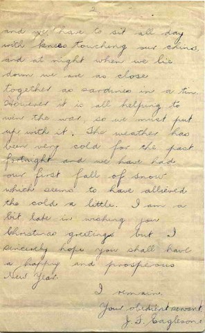 EAG 017. Letter from Eagleson to Goldsbrough 24 December 1917. France. Writing from an ex-German dug out. Page two of two. 