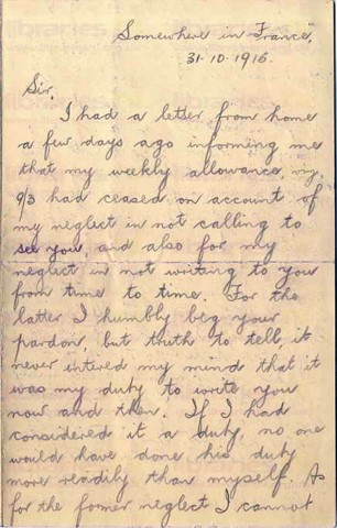 EAG 001. Letter from Eagleson to Elliott 31 October 1915. France. Allowance stopped, French. Page one of five. 