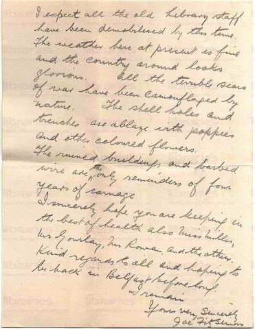 FIT 030. Letter from Fitzsimons to Goldsbrough 6 June 1919. France. Demobilisation, Bapaume, landscape, poppies. Page two of two. 