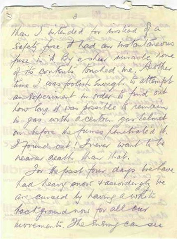 COU 031. Letter from Coulson to Elliott 27 February 1916. France. Gas advisor, snow, newspaper reporting, McCausland, officers and their men, trenches. Page three of eight. 