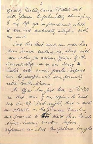 COU 035. Letter from Coulson to Elliott 6 June 1916. France. Eye injury, trenches, prisoners, naval battle, staff at war, soldiers. Page two of eight. 