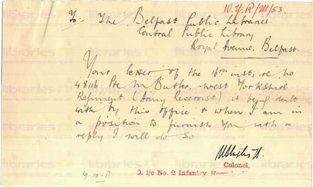 BUT 020. Letter from M. Staples Lt. Colonel in No 2 Infantry Record, York to Goldsbrough 19 October 1917. Letter received. Page one of one. 