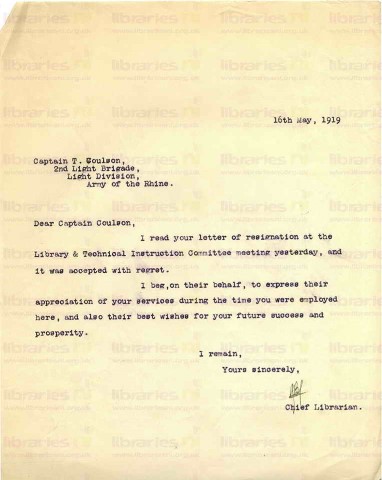 COU 055. Letter from Goldsbrough to Coulson 16 May 1919. Resignation accepted. Page one of one. 