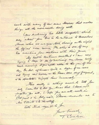 COU 009. Letter from Coulson to Elliott 7 February 1915. Lurgan. Leaving Lurgan, routine, horse riding. Page two of two. 