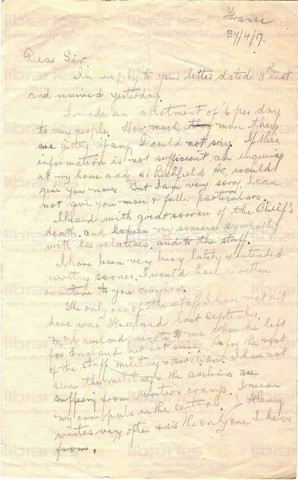 BRO 007. Letter from Brown to Goldsbrough 27 April 1917. France. Pay, Elliott's death, staff. Page one of two.