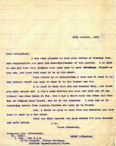 McC 003. Letter from Elliott to McCausland 26 October 1915. Letter read to staff, other staff at war.  Page one of one. 