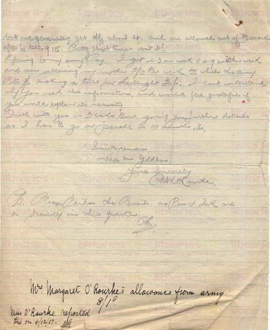ORO008. Letter from O'Rourke to Goldsbrough 1 April 1918. Camp, ill after inoculation, routine, pay. Page two of two. 