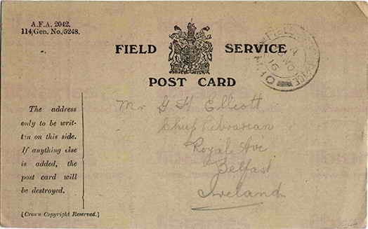 BRO 004. Field Service Postcard from Brown to Elliott 14 November 1916. I am quite well. Page one of two. 