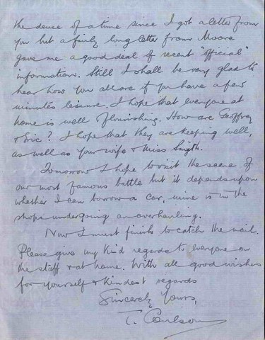 COU 043. Letter from Coulson to Goldsbrough 1 March 1918. France. Intelligence work, wife Madeleine, letter from Moore. Page three of three. 