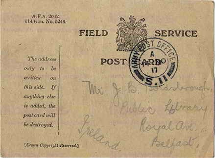ROY 007. Field Service Postcard from Roy to Goldsbrough 14 November 1917. I am quite well. Page one of two. 