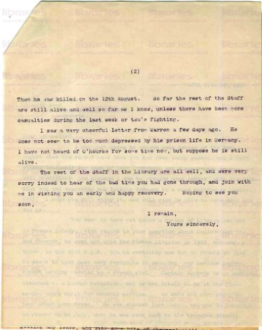 McC 022. Letter from Goldsbrough to McCausland 12 October 1918. Gas attack, other staff at war. Page two of two. 
