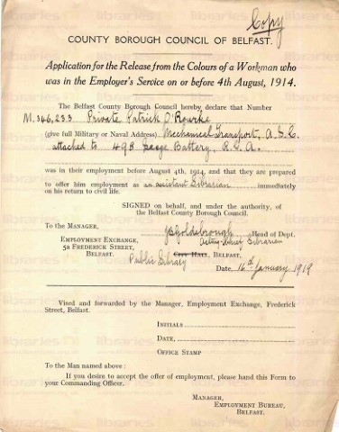 ORO 012. Application for Release from the Colours 16 January 1919. Page one of one. 