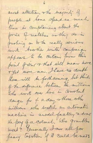 COU 035. Letter from Coulson to Elliott 6 June 1916. France. Eye injury, trenches, prisoners, naval battle, staff at war, soldiers. Page five of eight. 