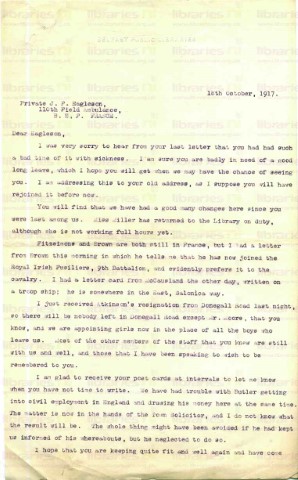 EAG 016. Letter from Goldsbrough to Eagleson 18 October 1917. Staff at war, library matters. Page one of three. 
