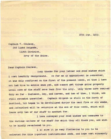 COU 054. Letter from Goldsbrough to Coulson 16 May 1919. Staff, family. Page one of two. 