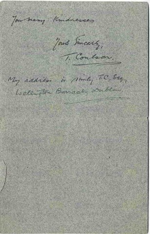 COU 002. Letter from Coulson to Elliott, Chief Librarian 16 October 1914. Dublin. Training. Page three of three. 