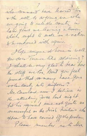 COU 035. Letter from Coulson to Elliott 6 June 1916. France. Eye injury, trenches, prisoners, naval battle, staff at war, soldiers. Page seven of eight. 