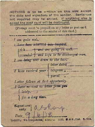 ROY 010. Field Service Postcard from Roy to Goldsbrough 9 June 1918. I am quite well. Page two of two. 