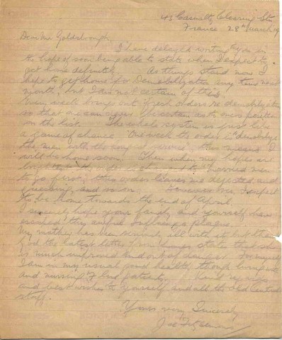 FIT 028. Letter from Fitzsimons to Goldsbrough 28 March 1919. France. Demobilisation, flu. Page one of one.