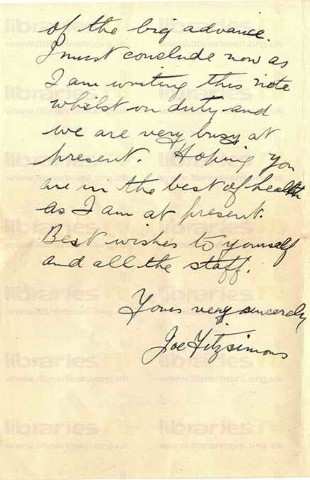 FIT 018. Letter from Fitzsimons to Goldsbrough 16 April 1917. France. Separation allowance, German prisoners. Page three of three. 