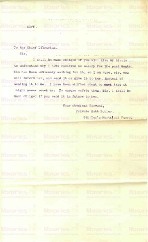 BUT 002. Letter from Butler to Elliott 1 April 1916. Wages not received. Page one of one. 