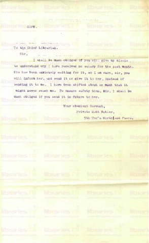 BUT 002. Letter from Butler to Elliott 1 April 1916. Wages not received. Page one of one. 