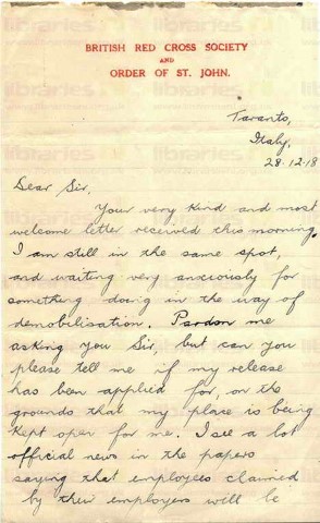 EAG 022. Letter from Eagleson to Goldsbrough 28 December 1918. Italy. Demobilisation, flu, Christmas. Page one of three. 