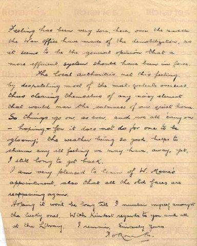 ORO 011. Letter from O'Rourke to Goldsbrough 1 January 1919. Grove Park, London. Demobilization, Joseph Devlin. Page two of two. 