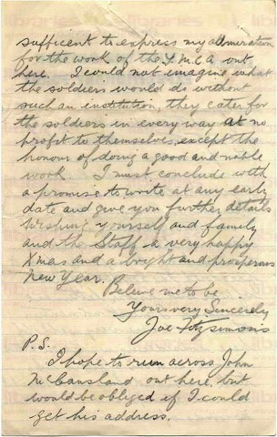 FIT 003. Letter from Fitzsimons to Elliott 12 December 1915. France. Camp, Y.M.C.A. Page three of three. 