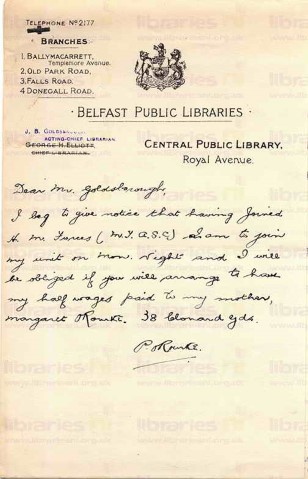 ORO 002. Letter from O'Rourke to Goldsbrough 10 November 1917. Belfast. Joined H.M. Forces, wages. Page one of one. 