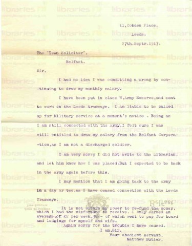BUT 017. Letter from Butler to Town Solicitor [John McCormick] 27 September 1917. Leeds. Army reserve, Leeds Tramways, wages. Page one of two. 