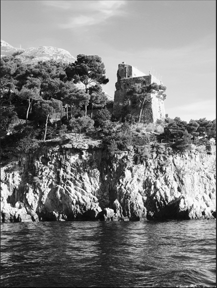 A monochrome photo of the Amalfi Coast