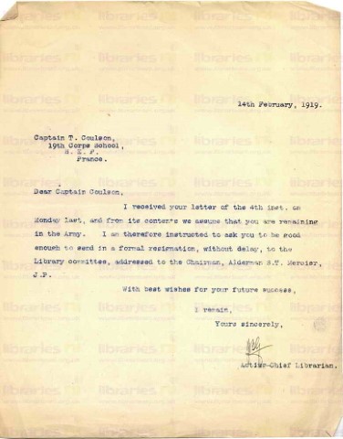 COU 051. Letter from Goldsbrough to Coulson 14 February 1919. Request to resign if remaining in the army. Page one of one. 